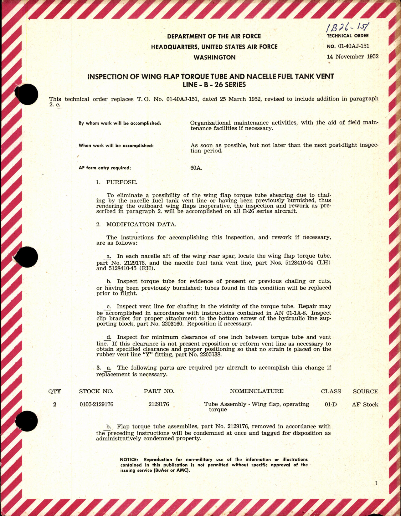 Sample page 1 from AirCorps Library document: Wing Flap Torque Tube and Nacelle Fuel Tank Vent Link for B-26