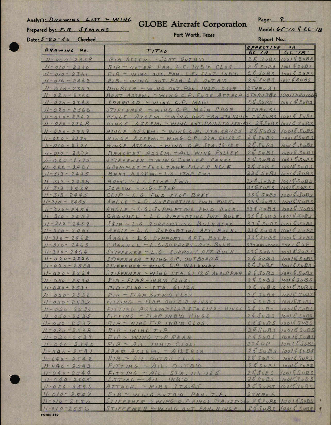 Sample page 2 from AirCorps Library document: Wing Drawing List and Engineering Parts Breakdown for Model GC-1A and B