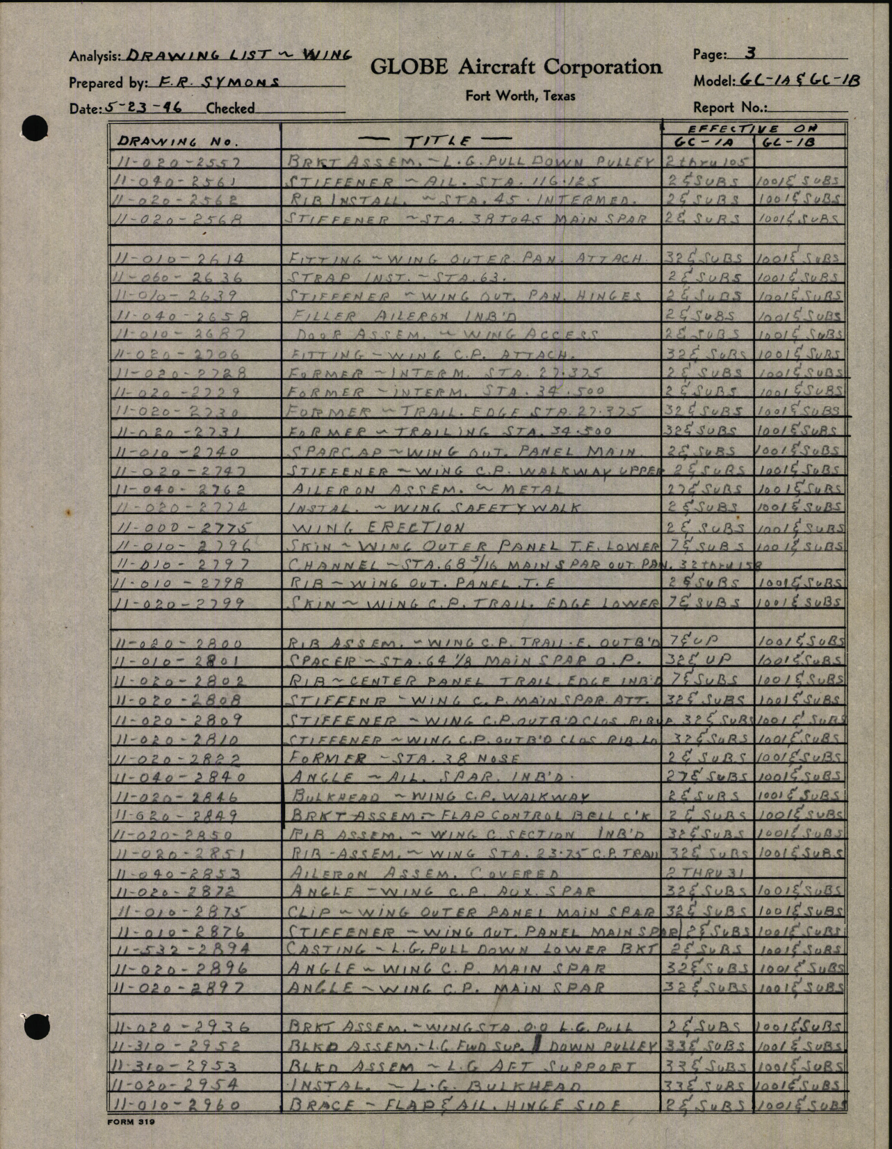 Sample page 3 from AirCorps Library document: Wing Drawing List and Engineering Parts Breakdown for Model GC-1A and B