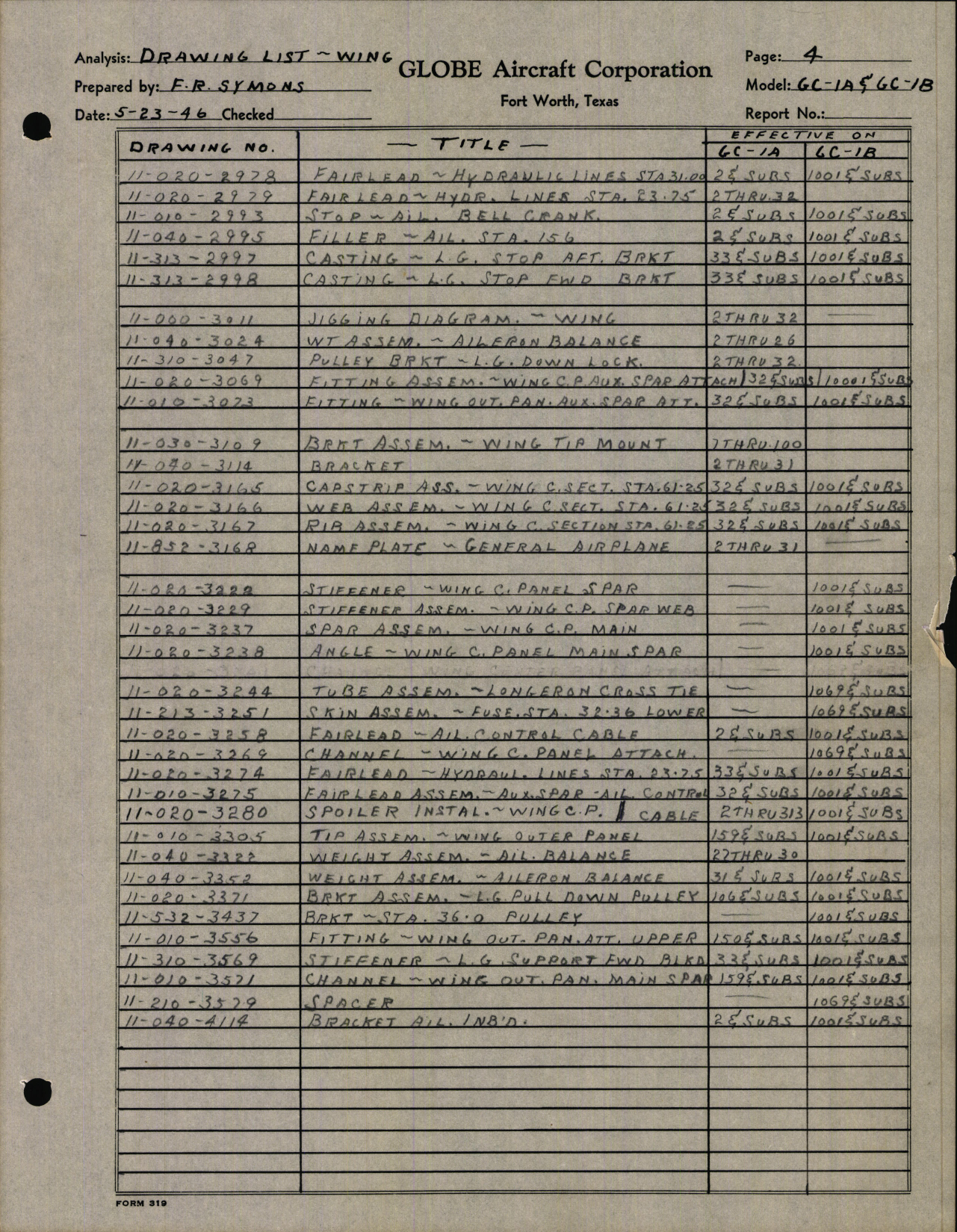 Sample page 4 from AirCorps Library document: Wing Drawing List and Engineering Parts Breakdown for Model GC-1A and B