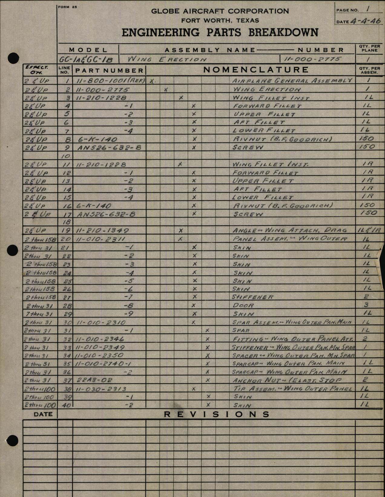 Sample page 5 from AirCorps Library document: Wing Drawing List and Engineering Parts Breakdown for Model GC-1A and B