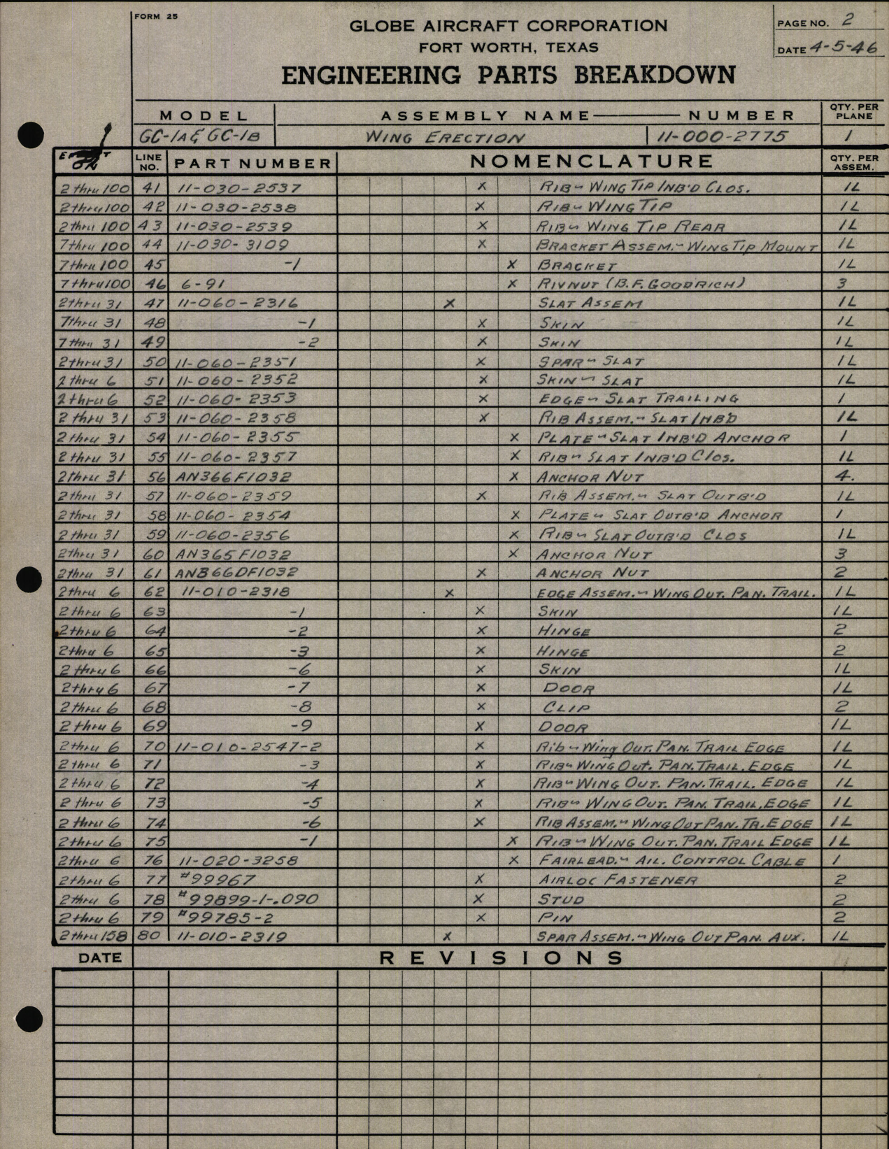 Sample page 6 from AirCorps Library document: Wing Drawing List and Engineering Parts Breakdown for Model GC-1A and B