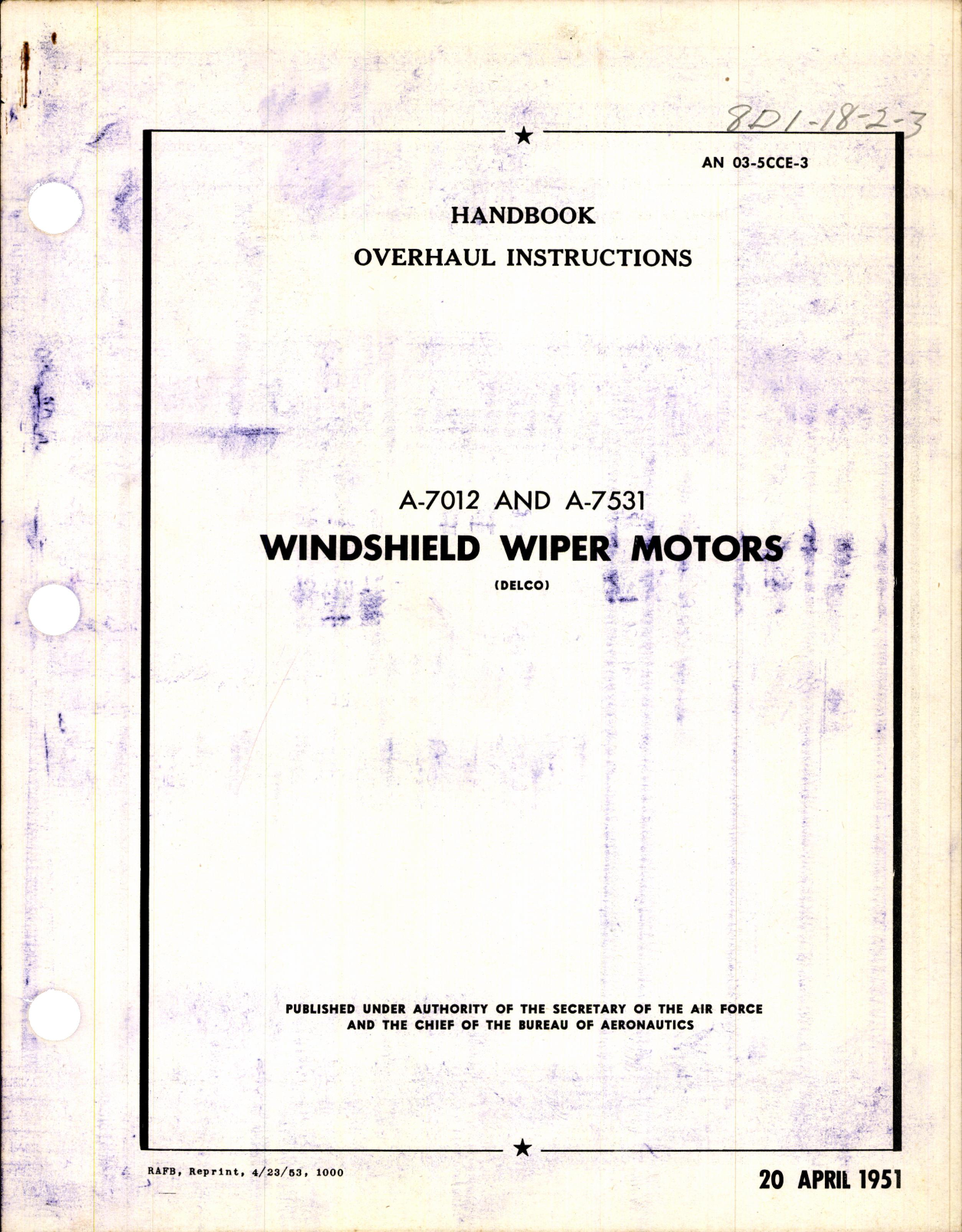 Sample page 1 from AirCorps Library document: Overhaul Instructions for A-7012 and A-7531 Windshield Wiper Motors