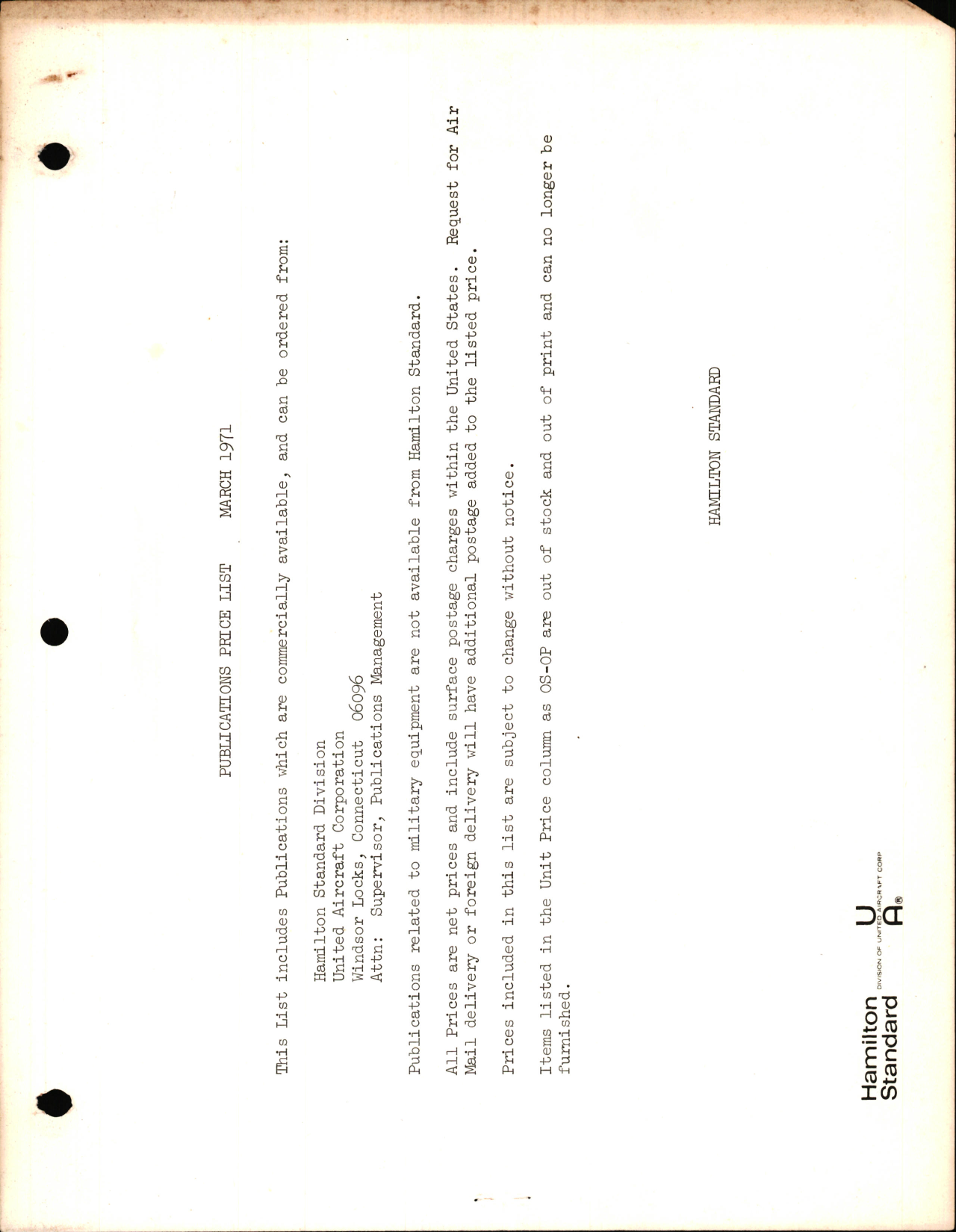 Sample page 1 from AirCorps Library document: Hamilton Standard Publications Price List