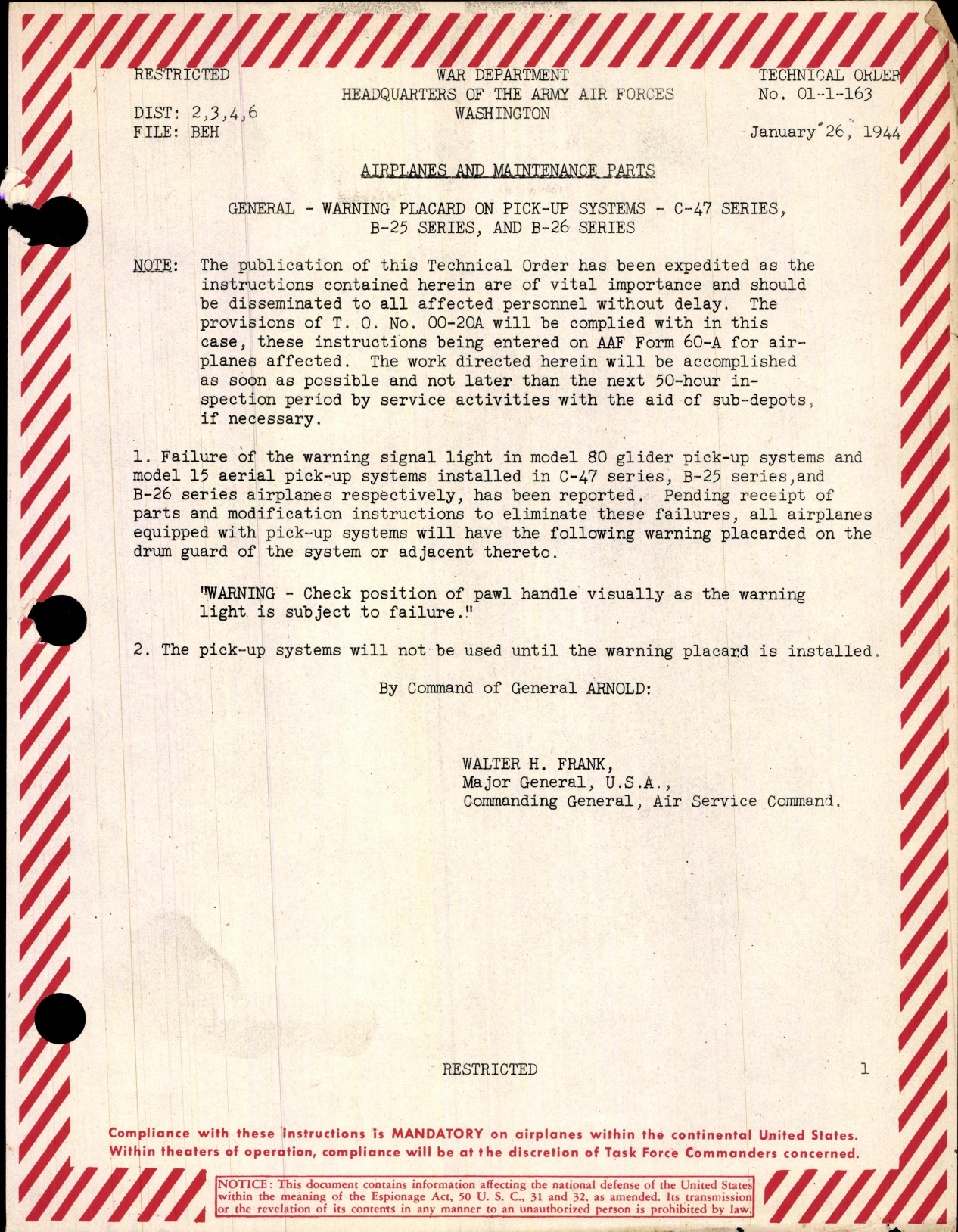 Sample page 1 from AirCorps Library document: Warning Placard on Pick-Up Systems - C-47, B-25 & B-26