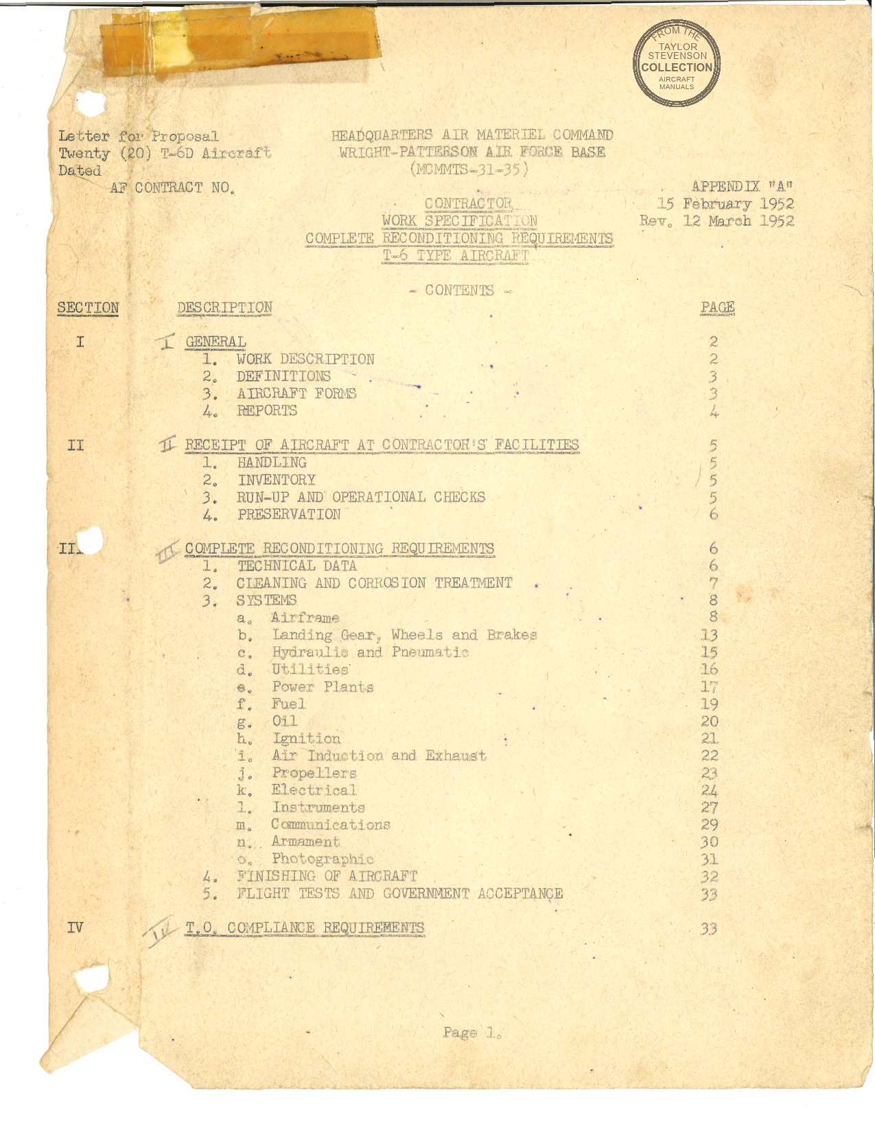 Sample page 1 from AirCorps Library document: Contractor Work Specification - Complete Reconditioning Requirements - T-6