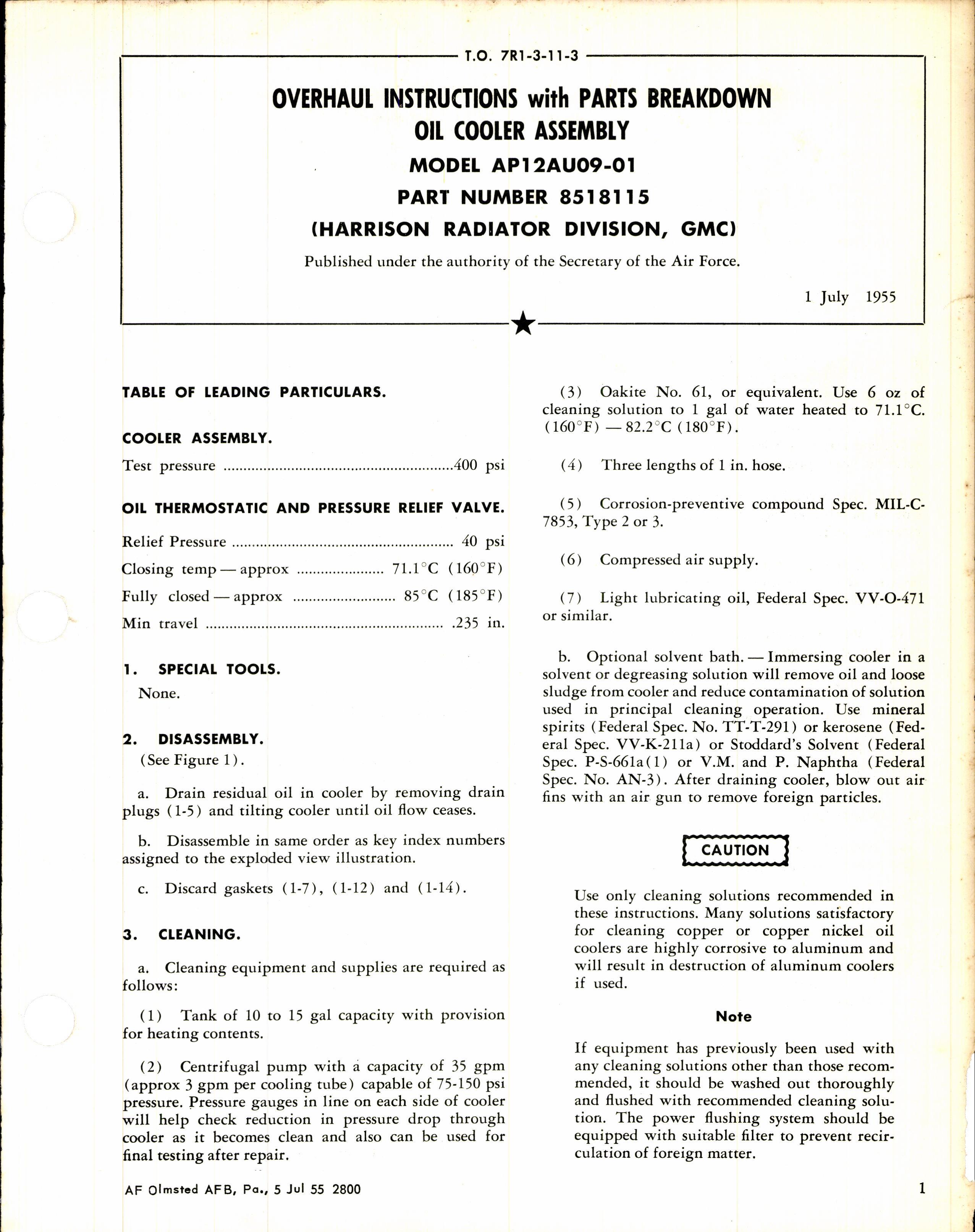 Sample page 1 from AirCorps Library document: Overhaul Instructions with Parts Breakdown for Oil Cooler Assembly