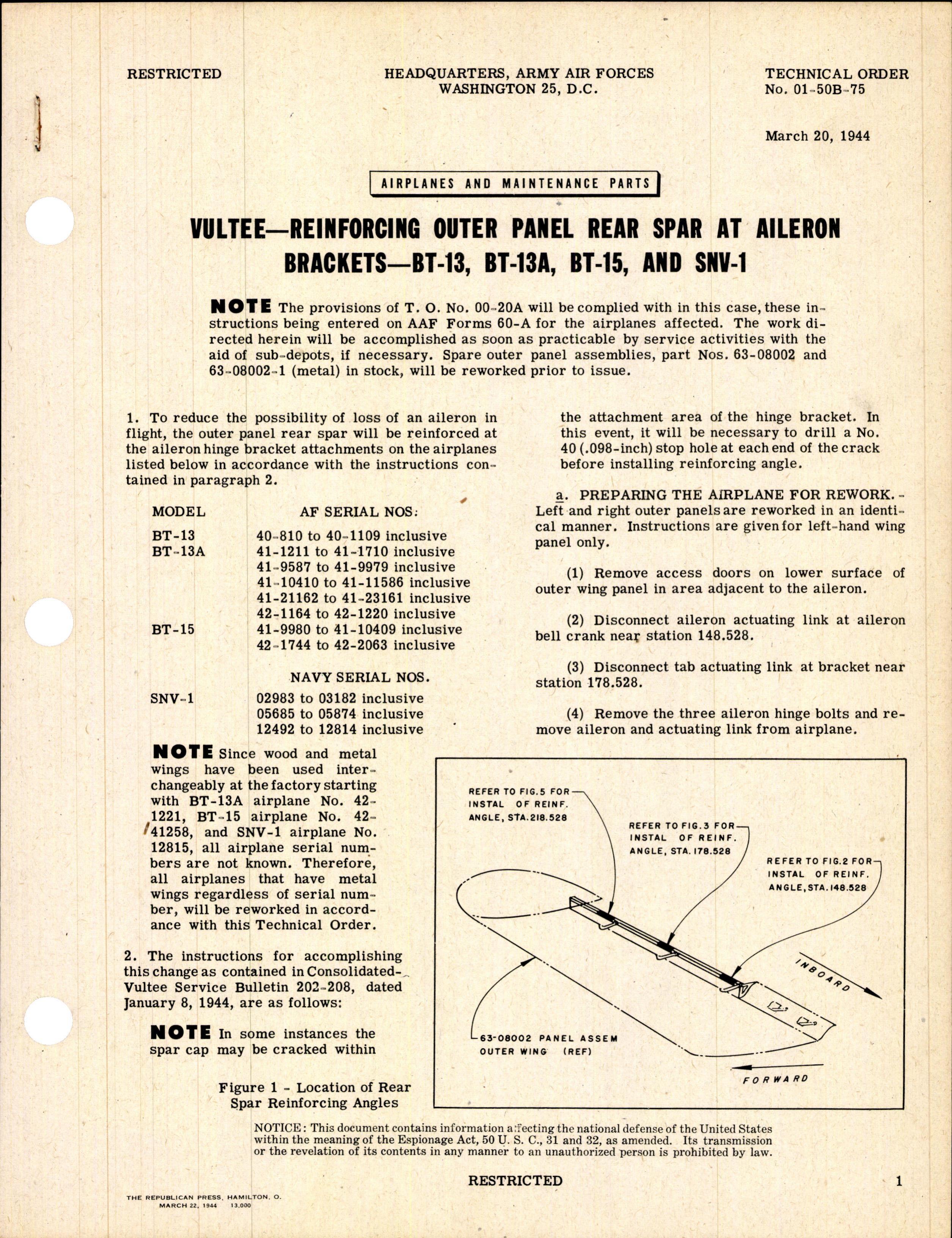 Sample page 1 from AirCorps Library document: Reinforcing Outer Panel Rear Spar at Aileron Brackets - BT-13, BT-13A, BT-15, and SNV-1
