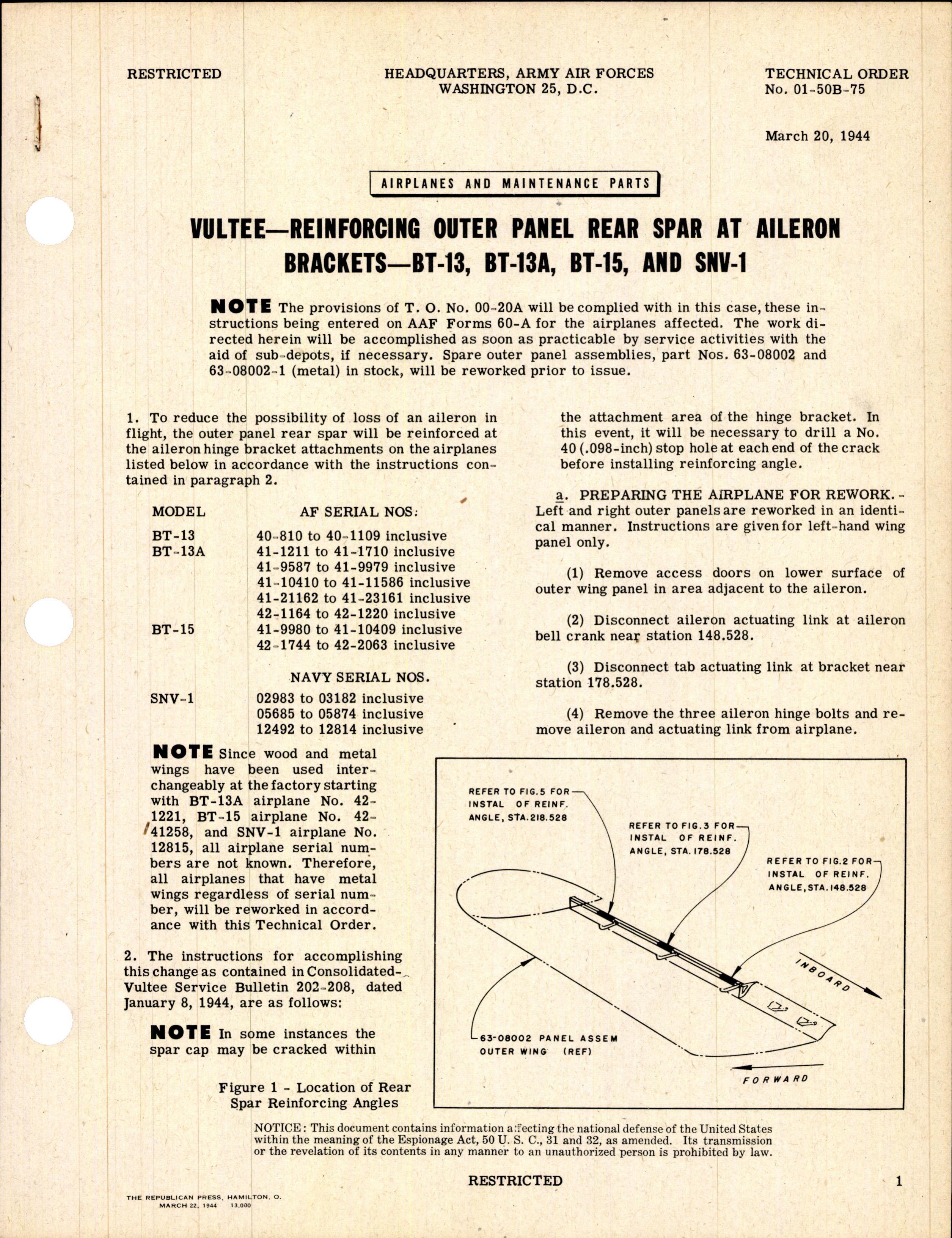 Sample page 1 from AirCorps Library document: Reinforcing Outer Panel Rear Spar at Aileron Brackets - BT-13, BT-13A, BT-15, and SNV-1