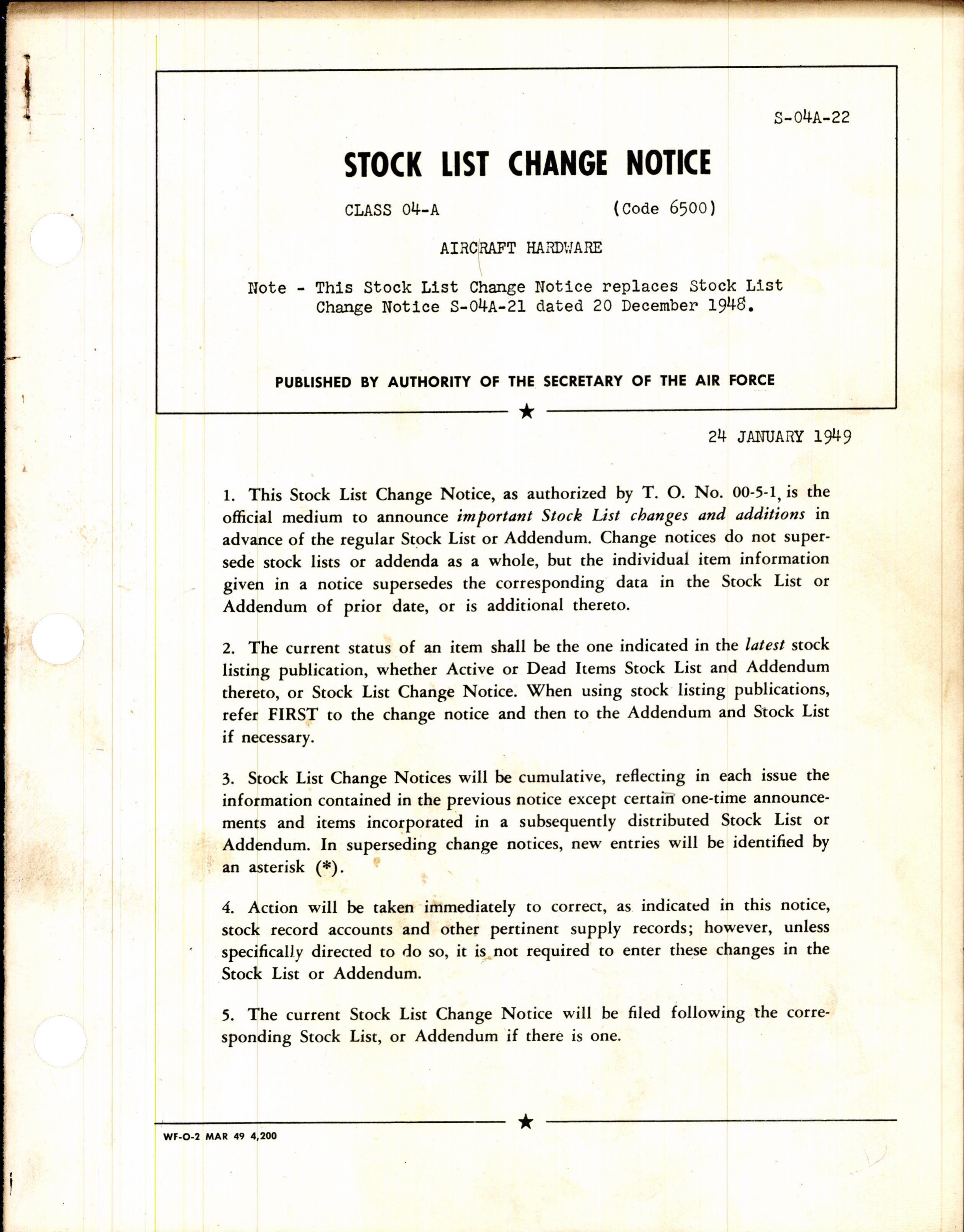 Sample page 1 from AirCorps Library document: Stock List Change Notice - Aircraft Hardware