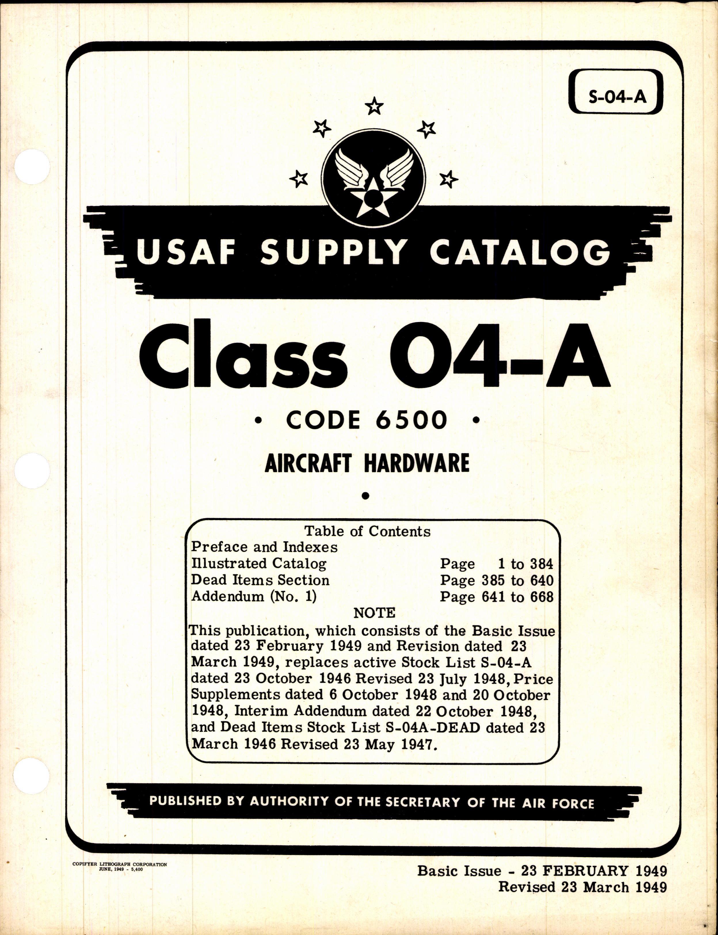 Sample page 1 from AirCorps Library document: USAF Supply Catalog Class 04-A Code 6500 Aircraft Hardware