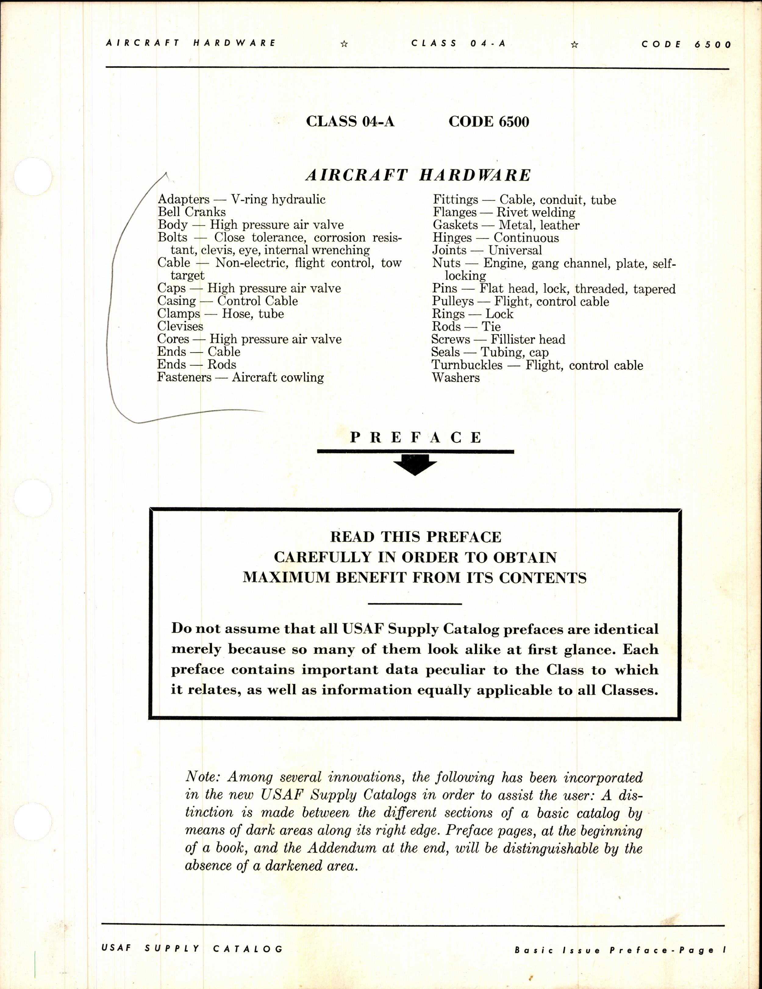 Sample page 3 from AirCorps Library document: USAF Supply Catalog Class 04-A Code 6500 Aircraft Hardware
