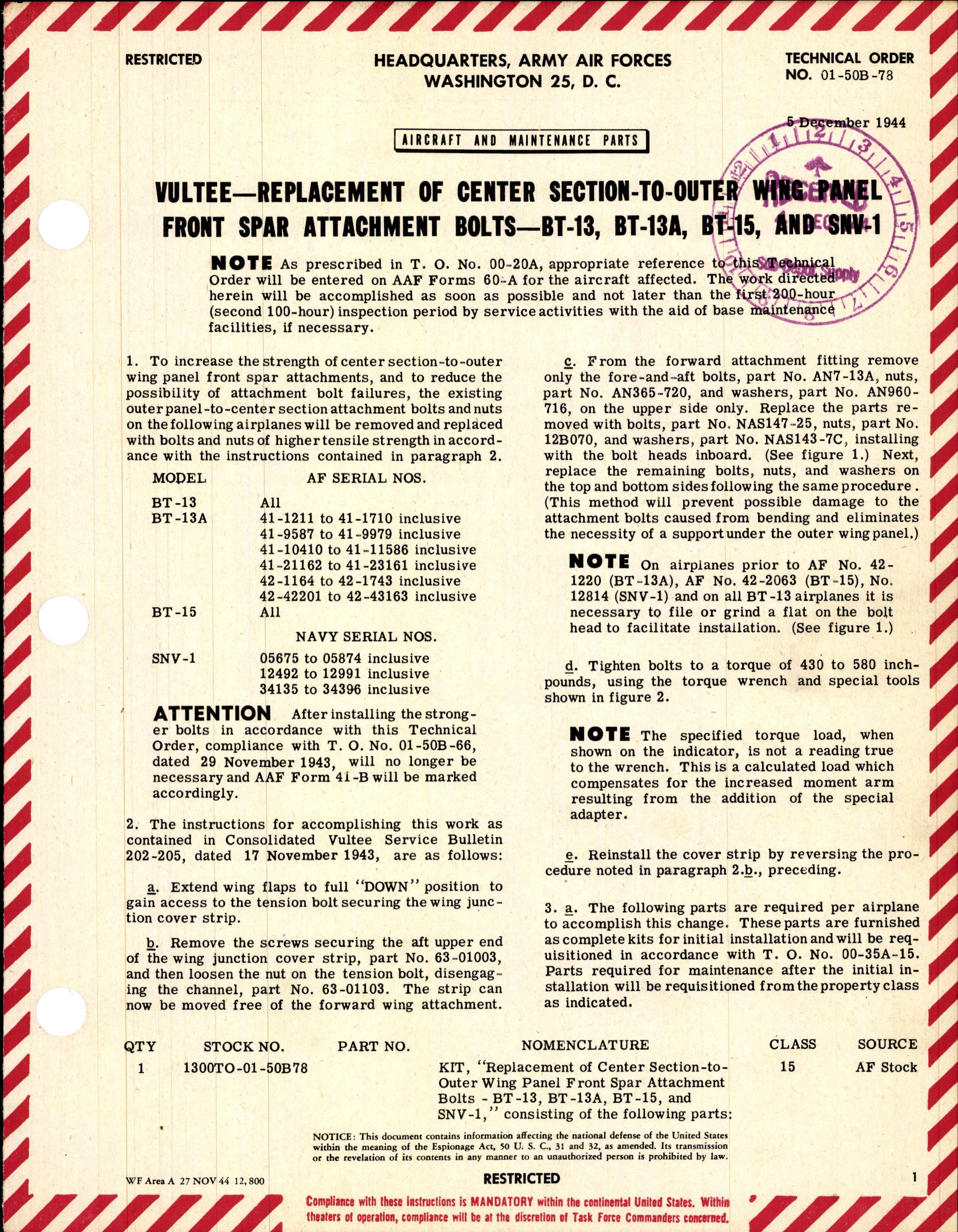 Sample page 1 from AirCorps Library document: Replacement of Center Section-To-Outer Wing Panel Front Spar Attachment Bolts - BT-13, BT-13A, BT-15, And SNV-1