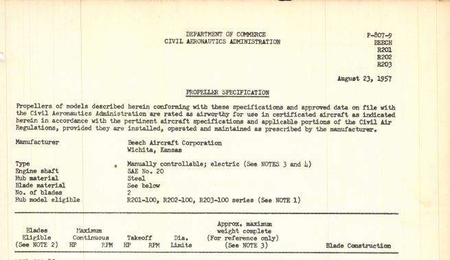 Beechcraft Propeller Specifications