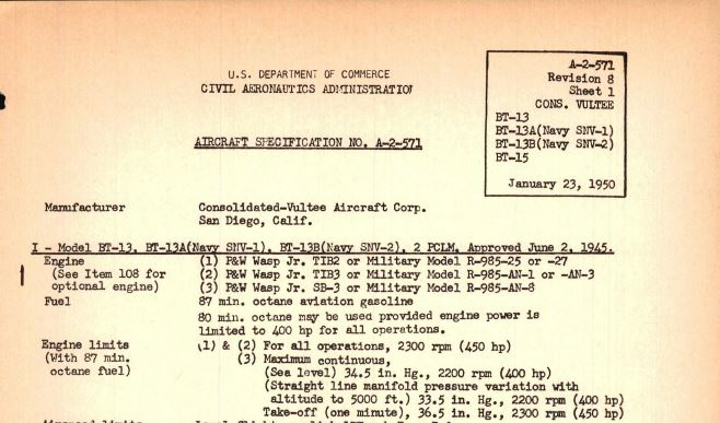 BT-13 Valiant Aircraft Specifications