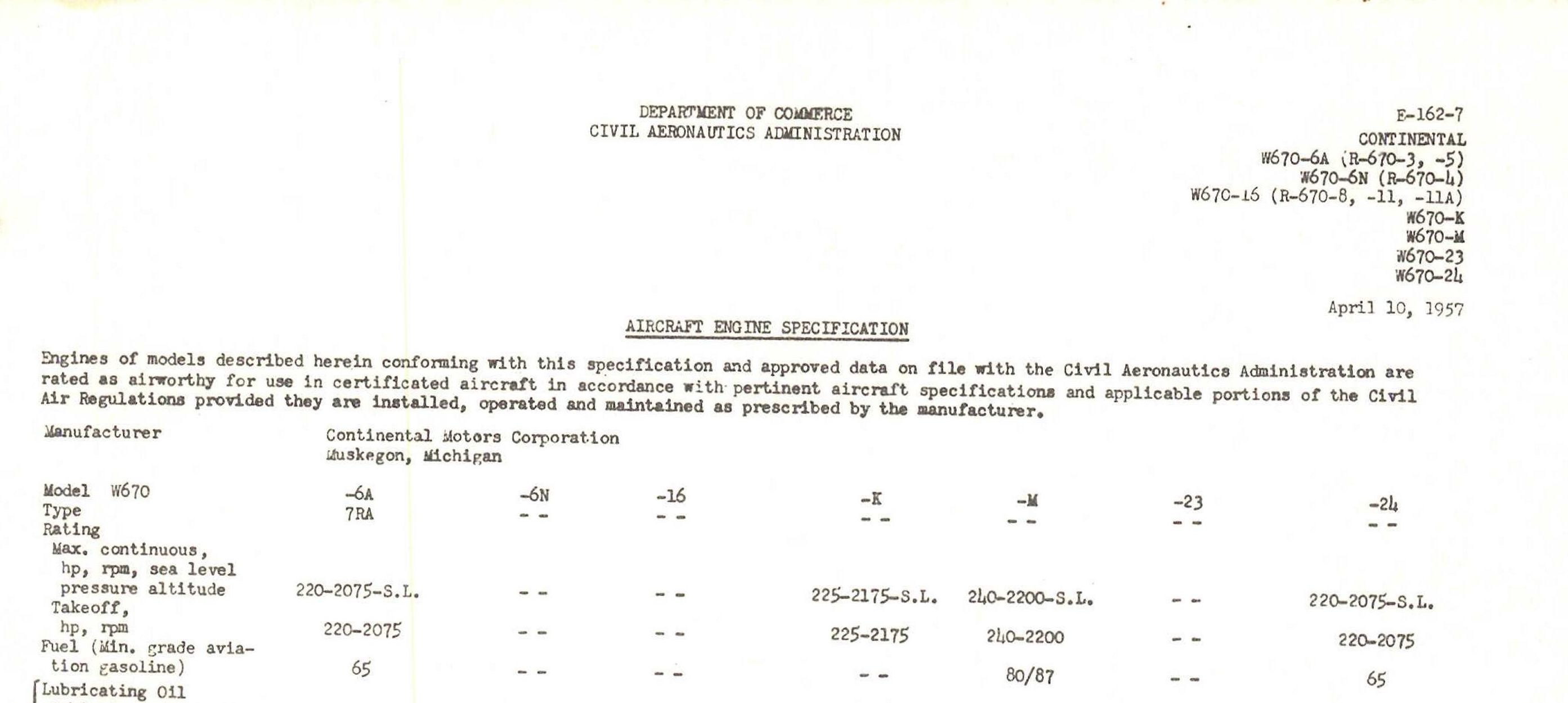 Continental Engine Specifications