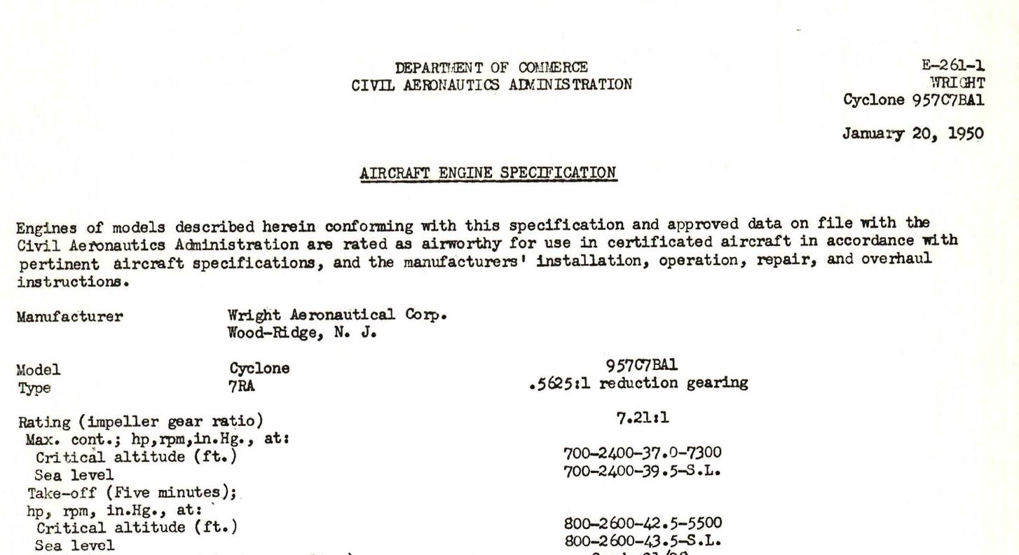 Wright Engine Specifications