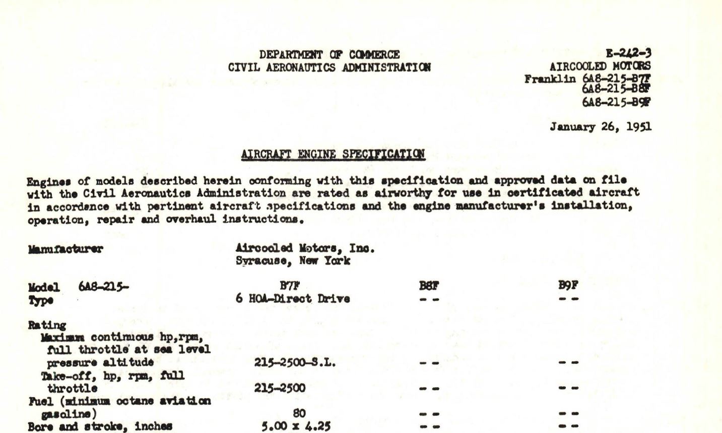 Franklin Engine Specifications