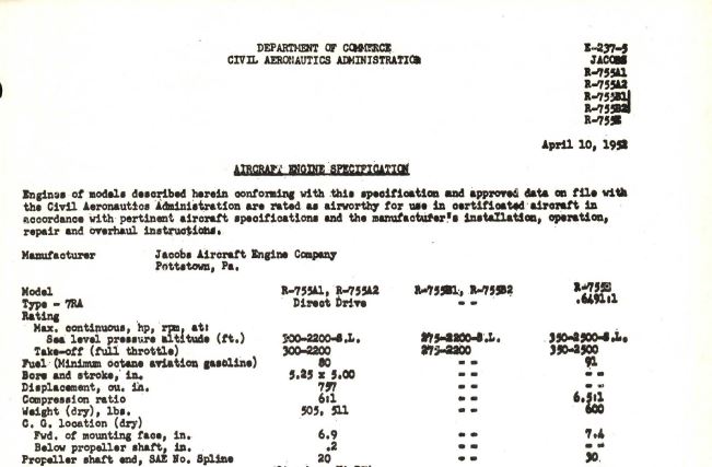 Jacobs Aircraft Engine Specifications