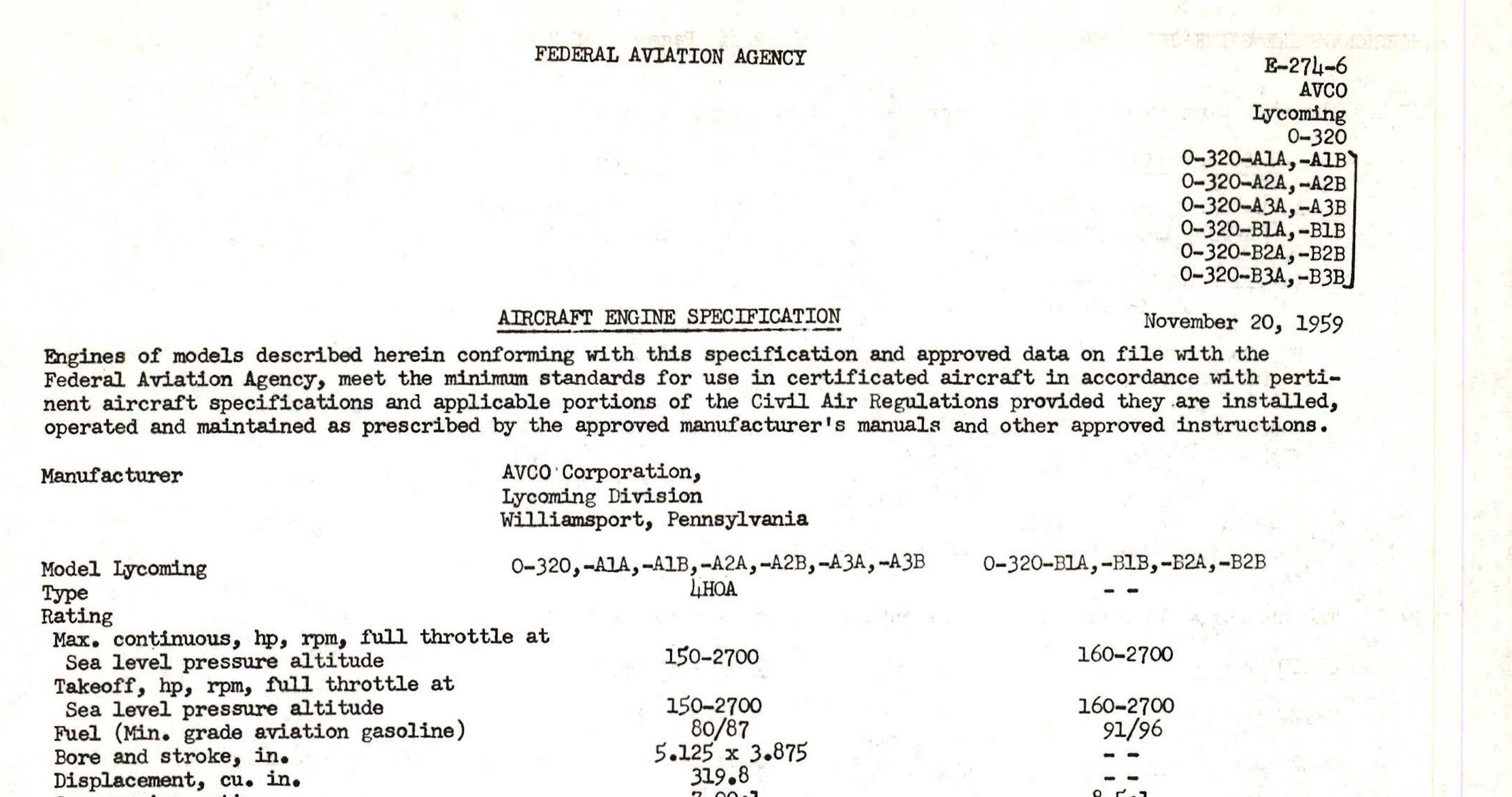 Lycoming Engine Specifications