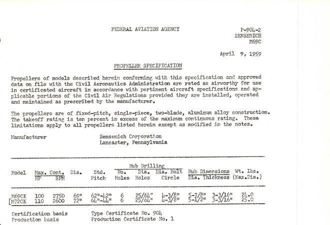 Sensenich Specifications