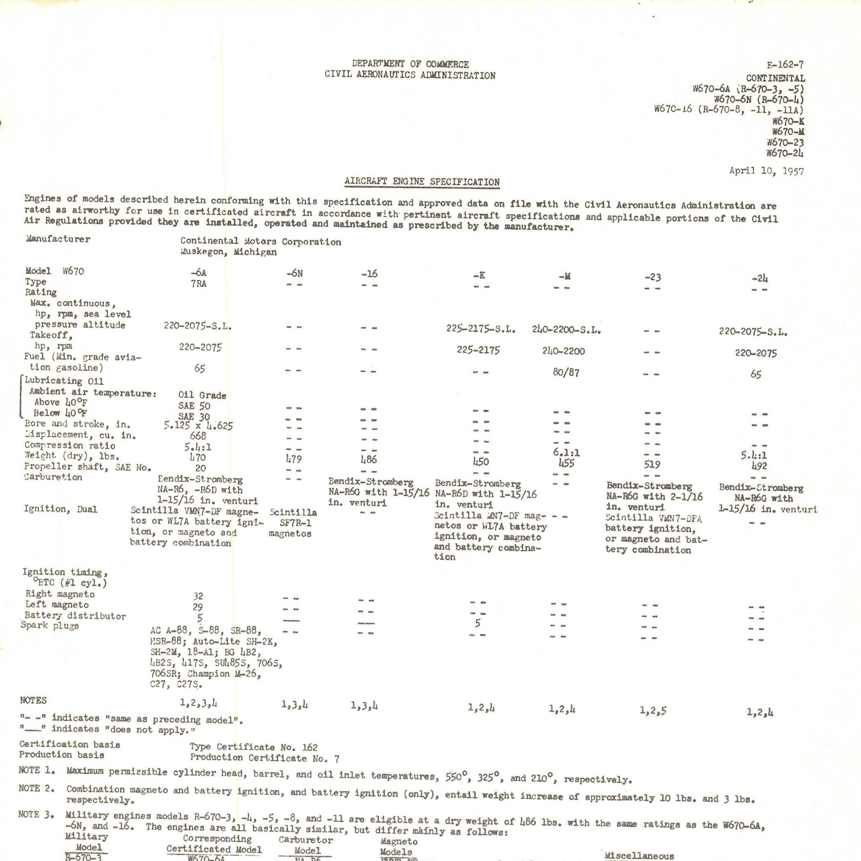 Continental Engine Specifications